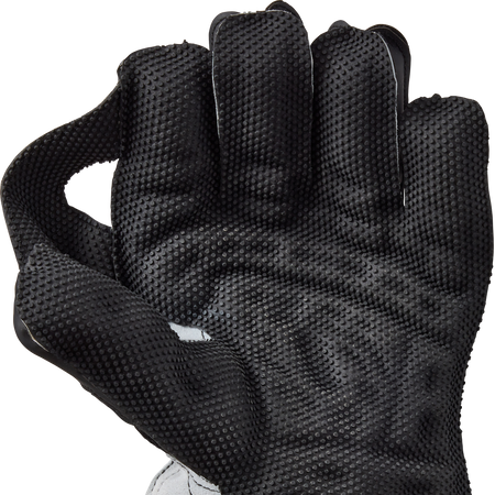 A hand wears Gunn & Moore Rival 909 Wicket Keeping Gloves 2026 with a padded cuff, fingers curled and thumb touching the index finger, forming an OK gesture to show the superior grip of these Gunn & Moore gloves.