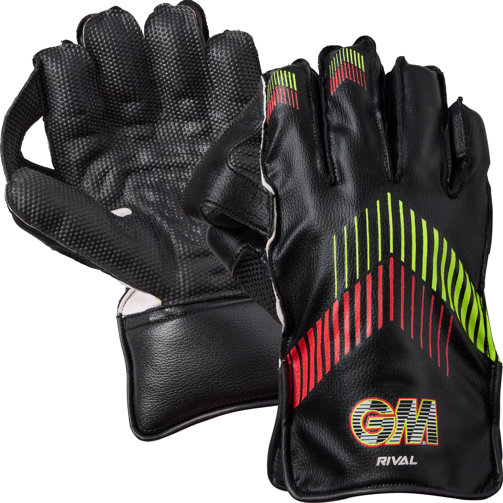 The Gunn & Moore Rival Wicket Keeping Gloves 2026 are black with pimple rubber palms, red, yellow, and green stripes on the back, padded cuffs, and "GM RIVAL" printed in white, orange, and yellow.