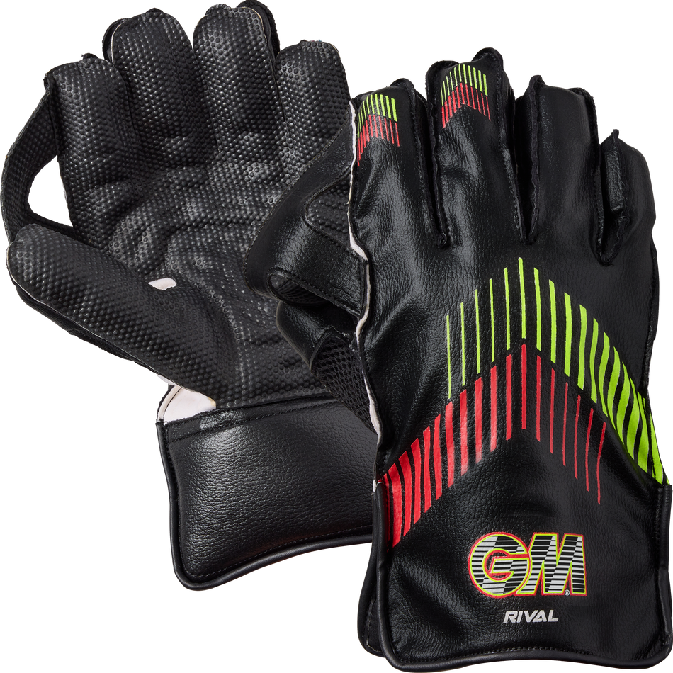 The Gunn & Moore Rival Wicket Keeping Gloves 2026 are black with pimple rubber palms, red, yellow, and green stripes on the back, padded cuffs, and "GM RIVAL" printed in white, orange, and yellow.