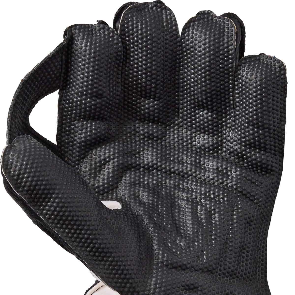 A close-up of the Gunn & Moore Rival Wicket Keeping Gloves 2026 shows a textured black surface with raised grip dots, pimple rubber palm for superior grip and protection, full-finger coverage, partial thumb protection, and a padded cuff.