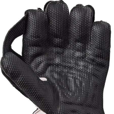 A close-up of the Gunn & Moore Rival Wicket Keeping Gloves 2026 shows a textured black surface with raised grip dots, pimple rubber palm for superior grip and protection, full-finger coverage, partial thumb protection, and a padded cuff.