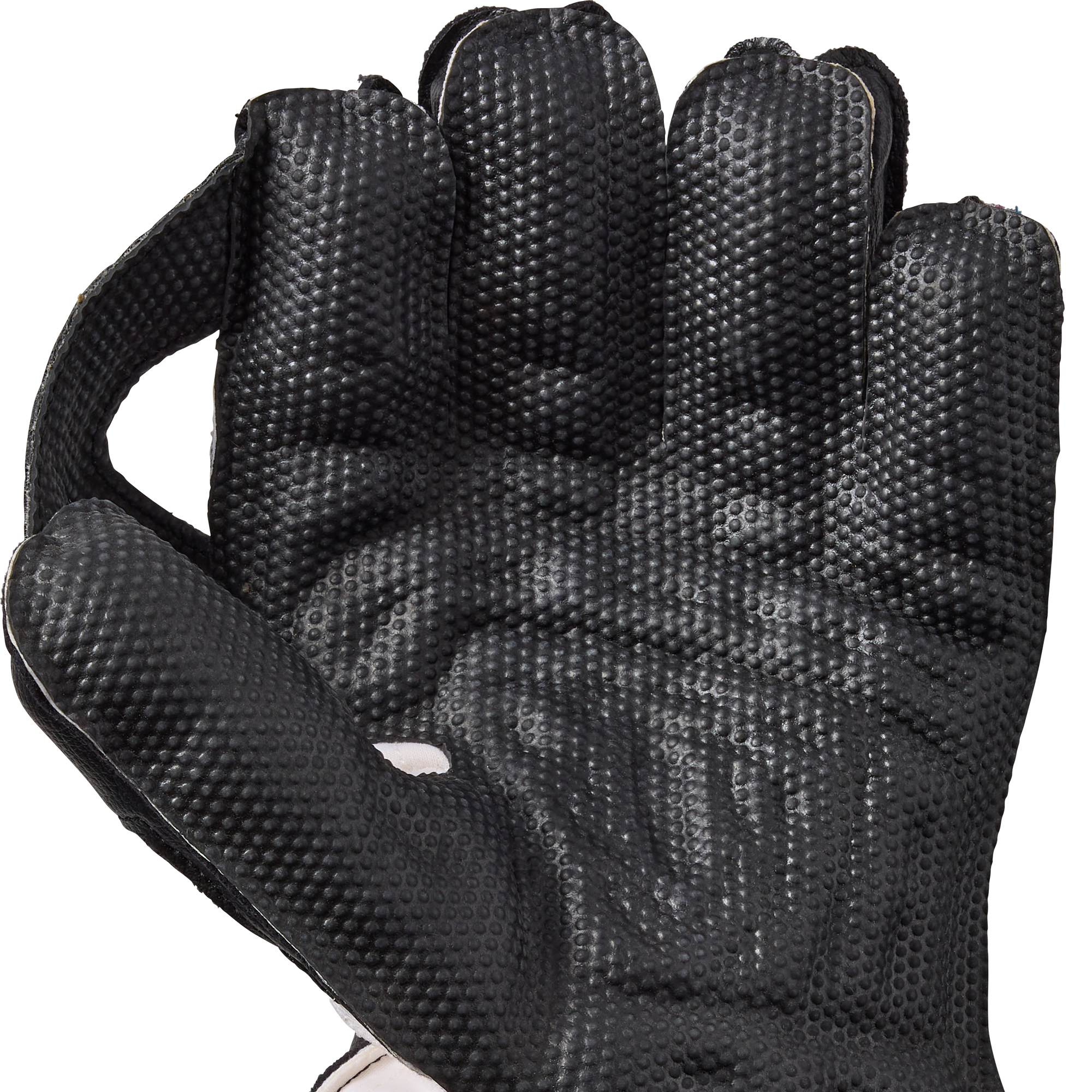 A close-up of the Gunn & Moore Rival Wicket Keeping Gloves 2026 shows a textured black surface with raised grip dots, pimple rubber palm for superior grip and protection, full-finger coverage, partial thumb protection, and a padded cuff.