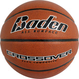 A close-up of the tan Baden Crossover Basket Ball by Baden Sports showcases its black lines and textured flex composite cover, with the brand name and logo prominently displayed. Designed for both indoor and outdoor play, this basketball offers reliable grip and consistent bounce on any court.