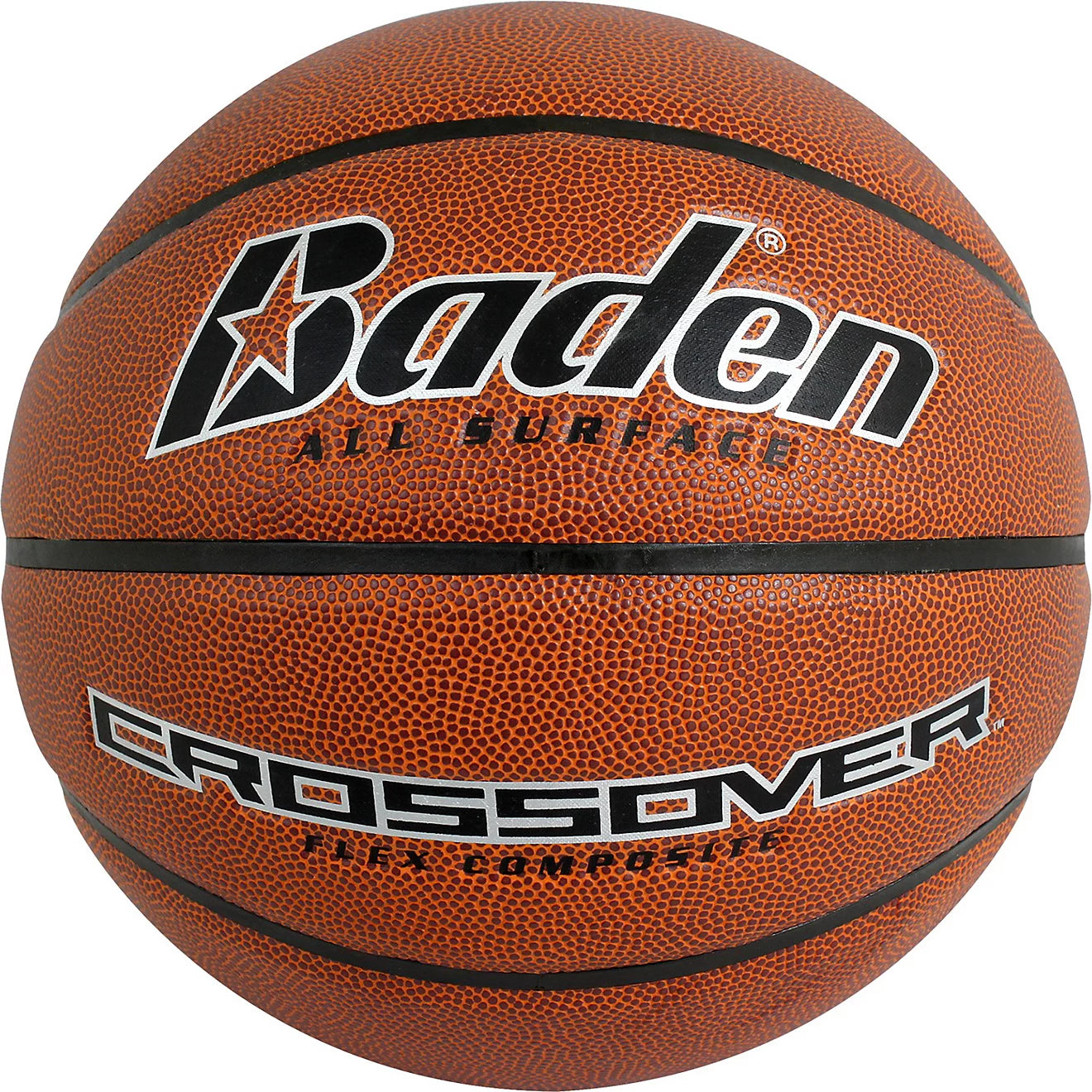 A close-up of the tan Baden Crossover Basket Ball by Baden Sports showcases its black lines and textured flex composite cover, with the brand name and logo prominently displayed. Designed for both indoor and outdoor play, this basketball offers reliable grip and consistent bounce on any court.