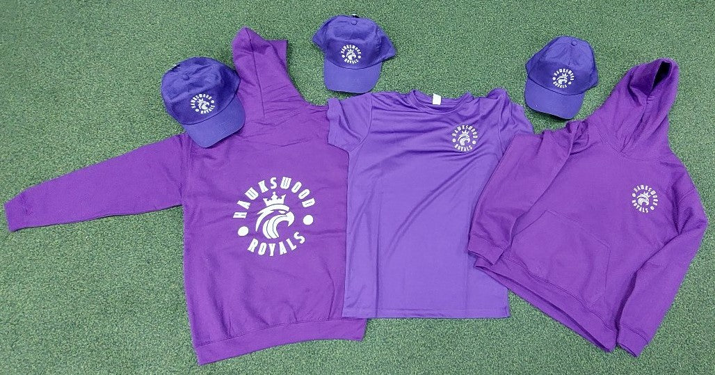 Four purple hats, two Martin Berrill Sports Hawkeswood Royals Hoodies, and a soft cotton Hawkeswood Royals Purple Tee Shirt with the logo are displayed on green carpet.