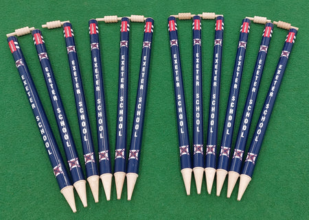 Ten Gray Nicolls Custom Printed Club Cricket Stumps, arranged in two neat groups on a green field, stand out with their bold design and personalized branding. Each stump features classic detailing and represents Exeter School.