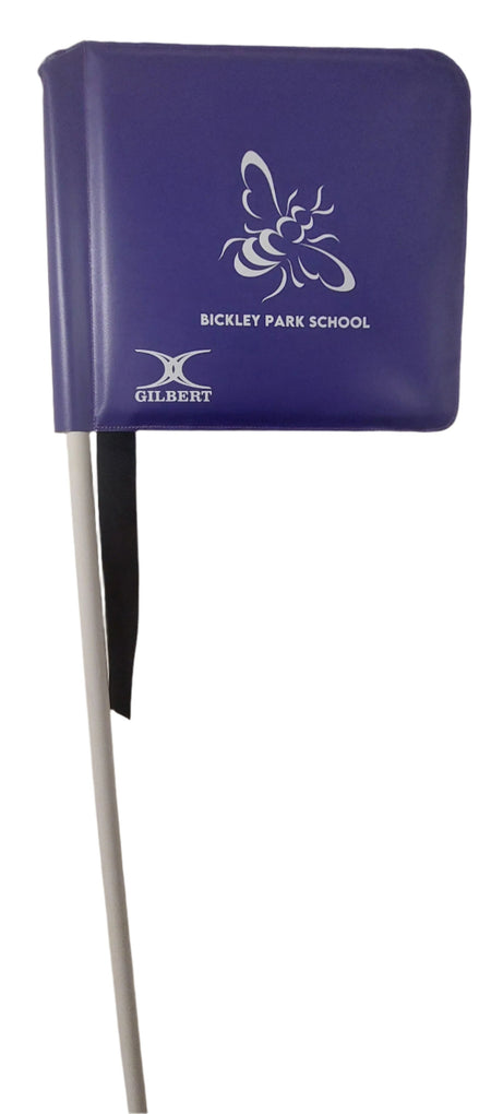 Custom Printed Moon Flags by Martin Berrill Sports are perfect for showcasing your school logo on the field, combining bold design with quality branding.