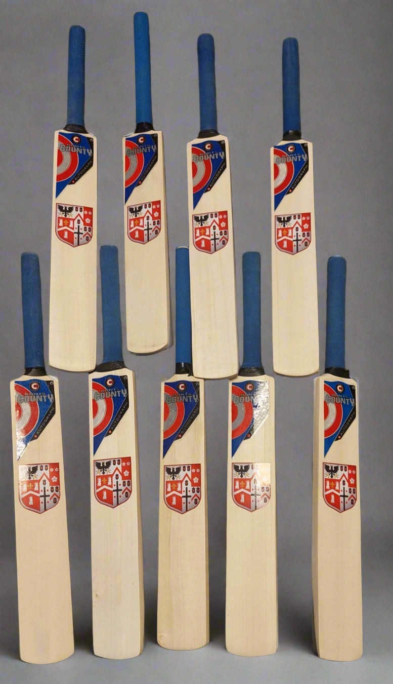 Nine Martin Berrill Sports Custom Printed Miniature Cricket Bats with blue handles stand upright in three rows. Each bat features colorful stickers including a crescent and a red and white crest.