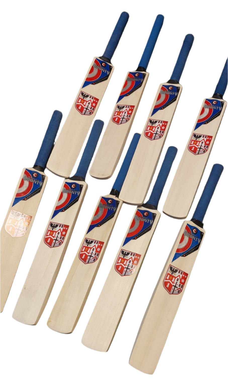 Nine Martin Berrill Sports Custom Printed Miniature Cricket Bats with blue handles are scattered on a white background, each featuring red, blue, and black blade stickers—ideal as personalised or autograph bats.