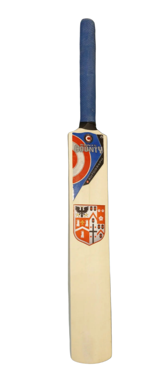 Custom Printed Miniature Cricket Bats by Martin Berrill Sports feature a blue handle, County brand sticker near the top, and a red and white crest with symbols—perfect for personalised or autograph bats.