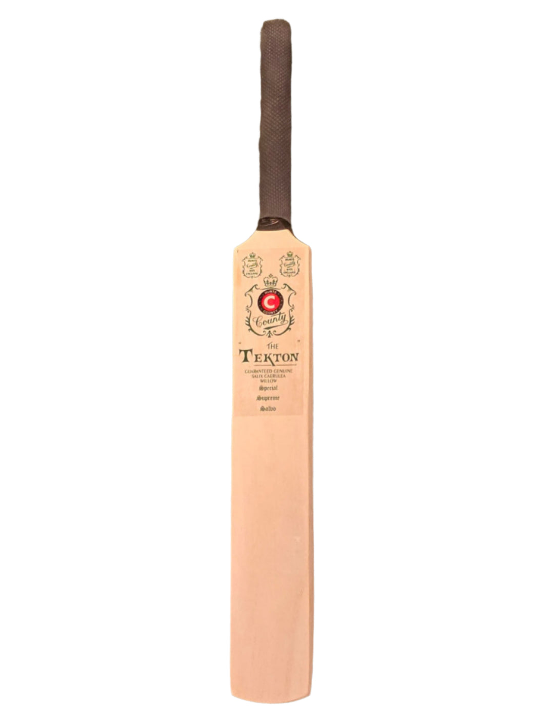 The Hunts County Miniature Cricket Bat by Hunts County features a black handle and a red and black logo with text on the upper front, ideal for autographs, and is shown standing upright against a white background.