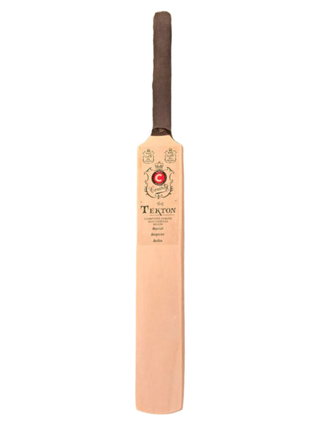The Hunts County Miniature Cricket Bat by Hunts County features a black handle and a red and black logo with text on the upper front, ideal for autographs, and is shown standing upright against a white background.