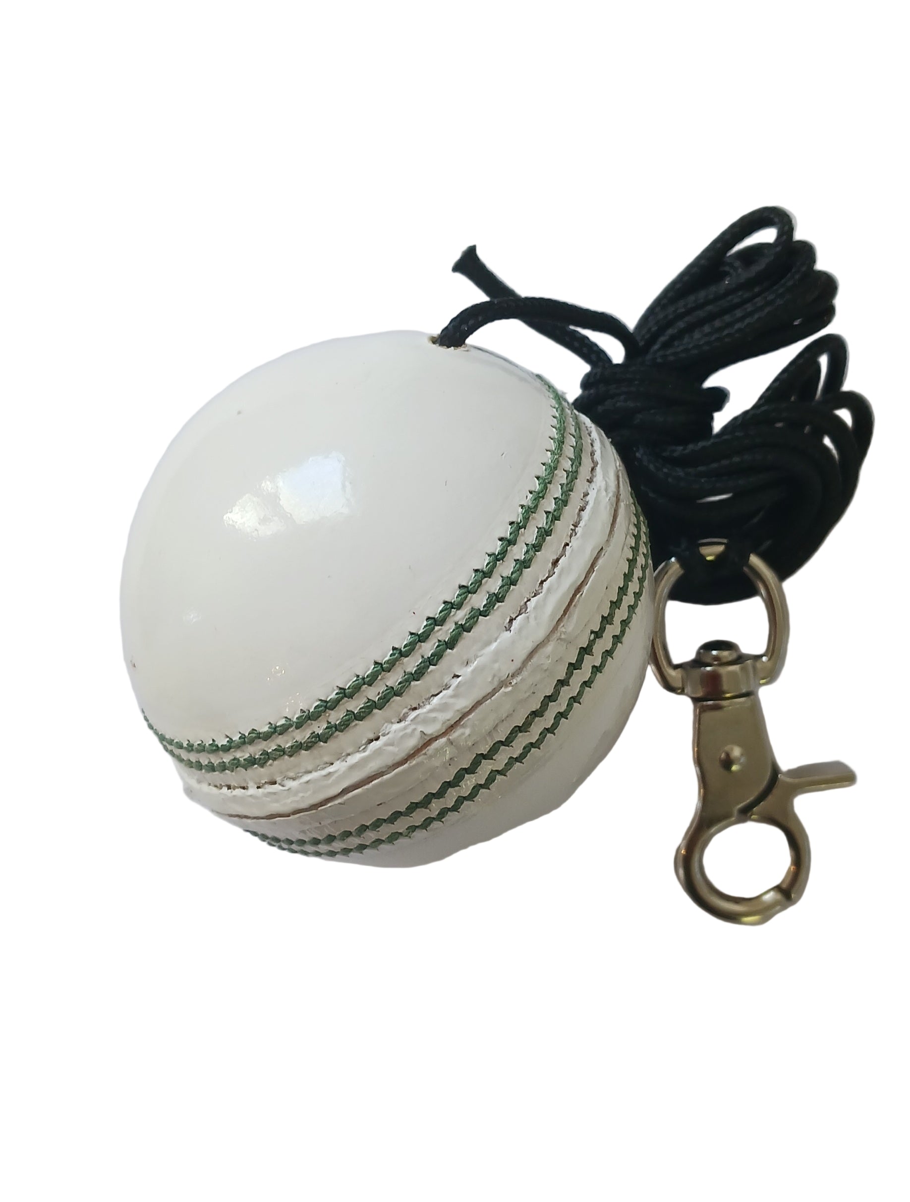 The V - Replacement Senior White Ball by The V features green stitching, a long black cord, and metal clip—ideal for training nets.