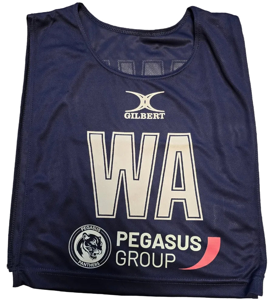 The Personalised Gilbert Netball Bibs (Single Bibs) by Gilbert feature a navy blue design with large white WA lettering, the Gilbert logo above, and PEGASUS GROUP and PEGASUS PANTHERS emblems below for a professional team look.