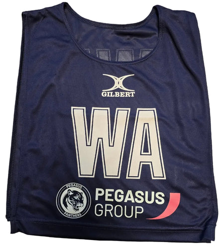 The Personalised Gilbert Netball Bibs (Single Bibs) by Gilbert feature a navy blue design with large white WA lettering, the Gilbert logo above, and PEGASUS GROUP and PEGASUS PANTHERS emblems below for a professional team look.