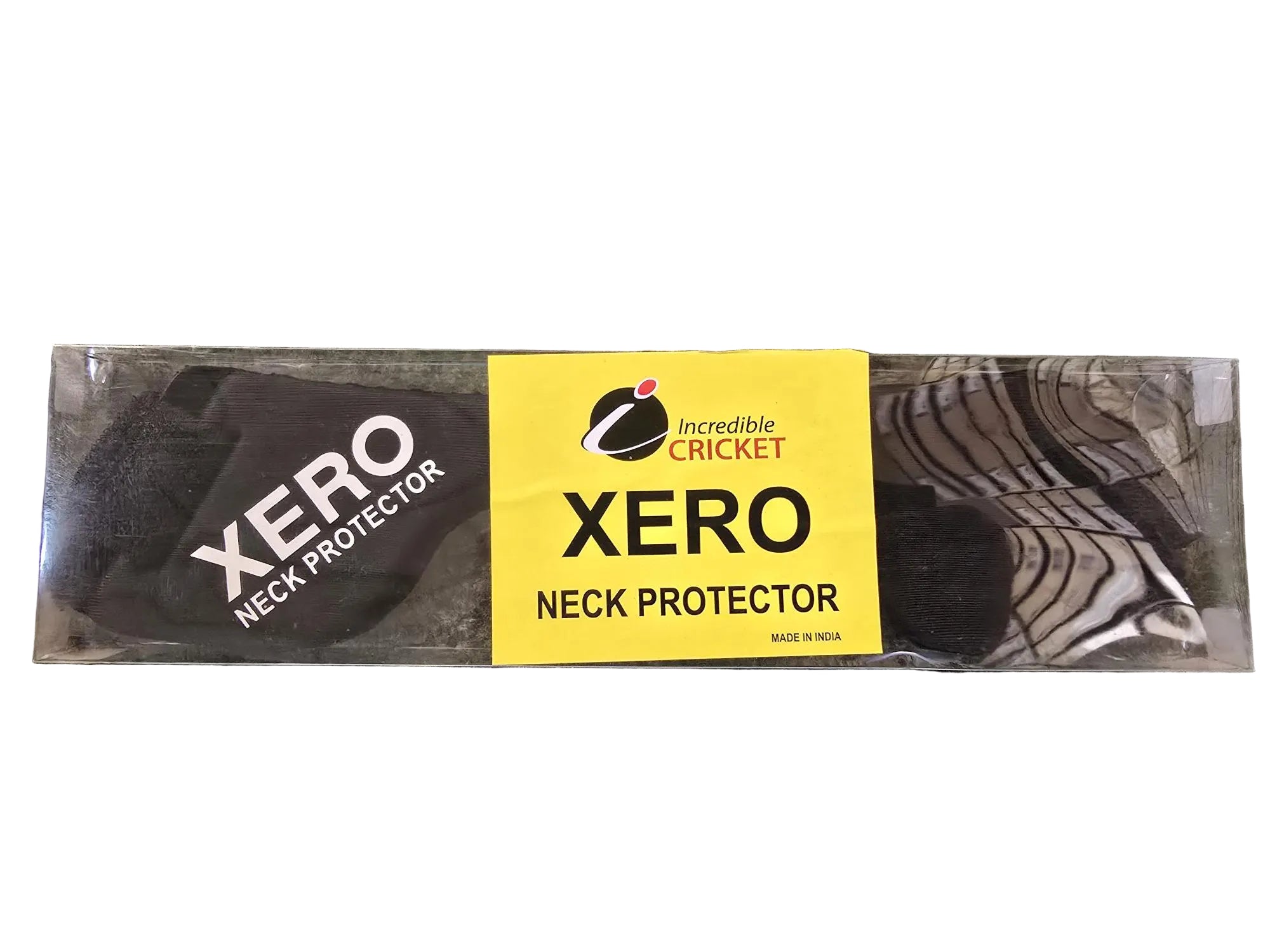 A packaged Hunts County Xero Neck Guard by Hunts County, with a yellow label and visible black neck guard inside the transparent pack—an essential cricket helmet accessory.