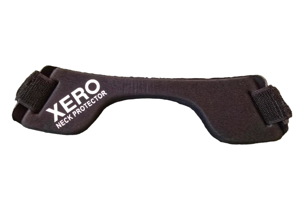 A Hunts County Xero Neck Guard in black, featuring two adjustable straps and the product name in white on one side—an essential cricket helmet accessory by Hunts County for added protection.