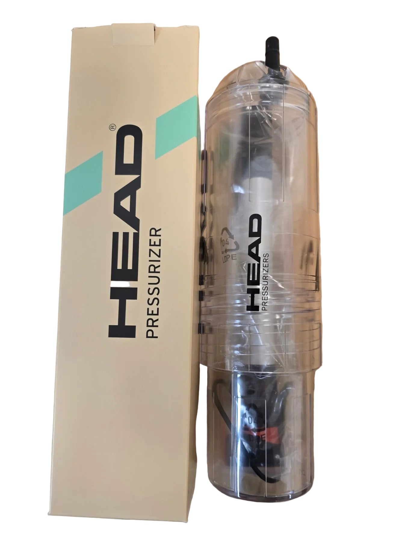 The Head X4 Pump Ball Pressuriser from Head stands upright next to its beige box, both labeled with the brand’s logo and "PRESSURIZER." The transparent device reveals black accents and visible internal components.