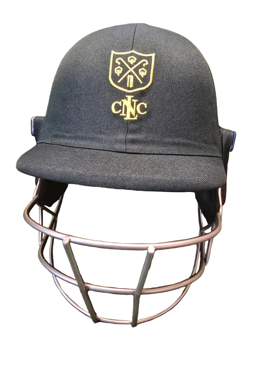 The Custom Shrey Cricket Helmet by Shrey features a black design, protective metal grill, and a gold club logo with crossed bats, stumps, and CNC letters—ideal for fans seeking custom embroidered helmets.