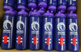 A close-up of multiple blue Martin Berrill Sports Customised Branded Water Bottles, each with a purple lid and club or school logo, neatly arranged in rows inside a cardboard box.