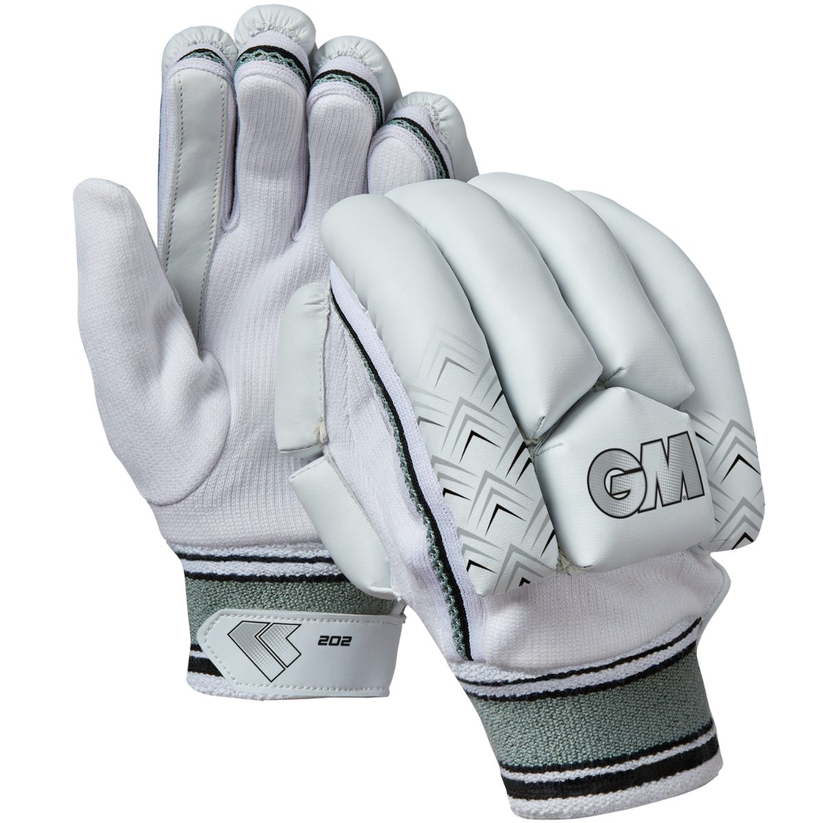 The Gunn & Moore 202 Batting Gloves 2025 feature padded tops, gray and black chevron details, striped cuffs, and GM branding—making them an ideal entry-level choice for new cricket players.