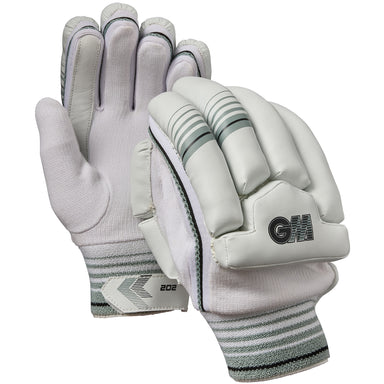 The Gunn & Moore 202 Batting Gloves 2026 are white junior cricket gloves with padded fingers, gray and green accents, GM branding on the wrist, adjustable wrist straps, and textured palms for better grip.