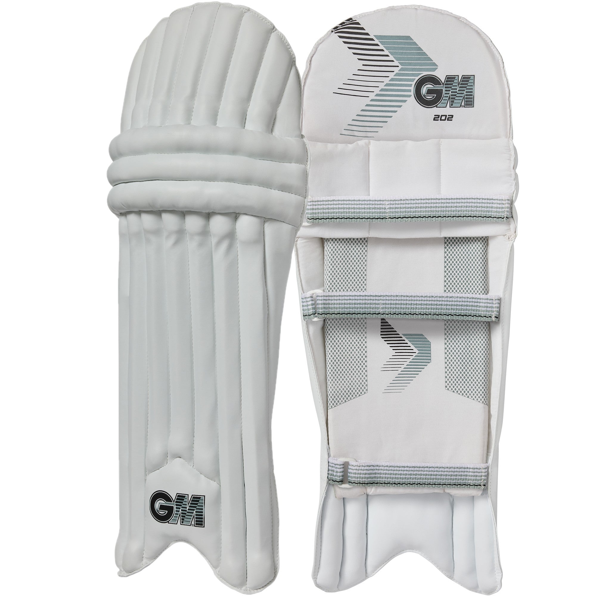 Gunn & Moore 202 Ambidextrous Batting Pads 2026 are white youth pads with vertical padding and adjustable back straps. One features the GM logo front, the other shows the rear view—ideal entry-level cricket pads from Gunn & Moore.
