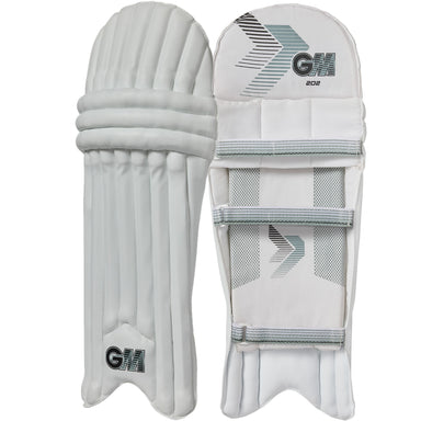 Gunn & Moore 202 Ambidextrous Batting Pads 2026 are white youth pads with vertical padding and adjustable back straps. One features the GM logo front, the other shows the rear view—ideal entry-level cricket pads from Gunn & Moore.