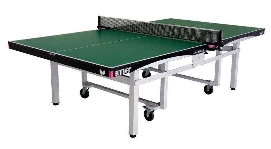 The Butterfly Centrefold 25 Rollaway Table Tennis Table by Butterfly is shown on a white background. This green table features a 25mm Anti Skid playing surface, an ITTF-approved design, a black net, sturdy metal frame, and wheels for easy movement.