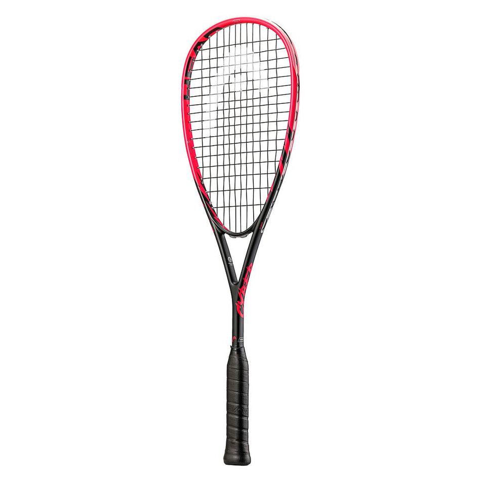 The Head Cyber Pro Squash Racket by Head features a black handle, black and red frame, tightly strung strings for control and power, and is pictured on a white background. Amplified Fibre Technology delivers enhanced performance.