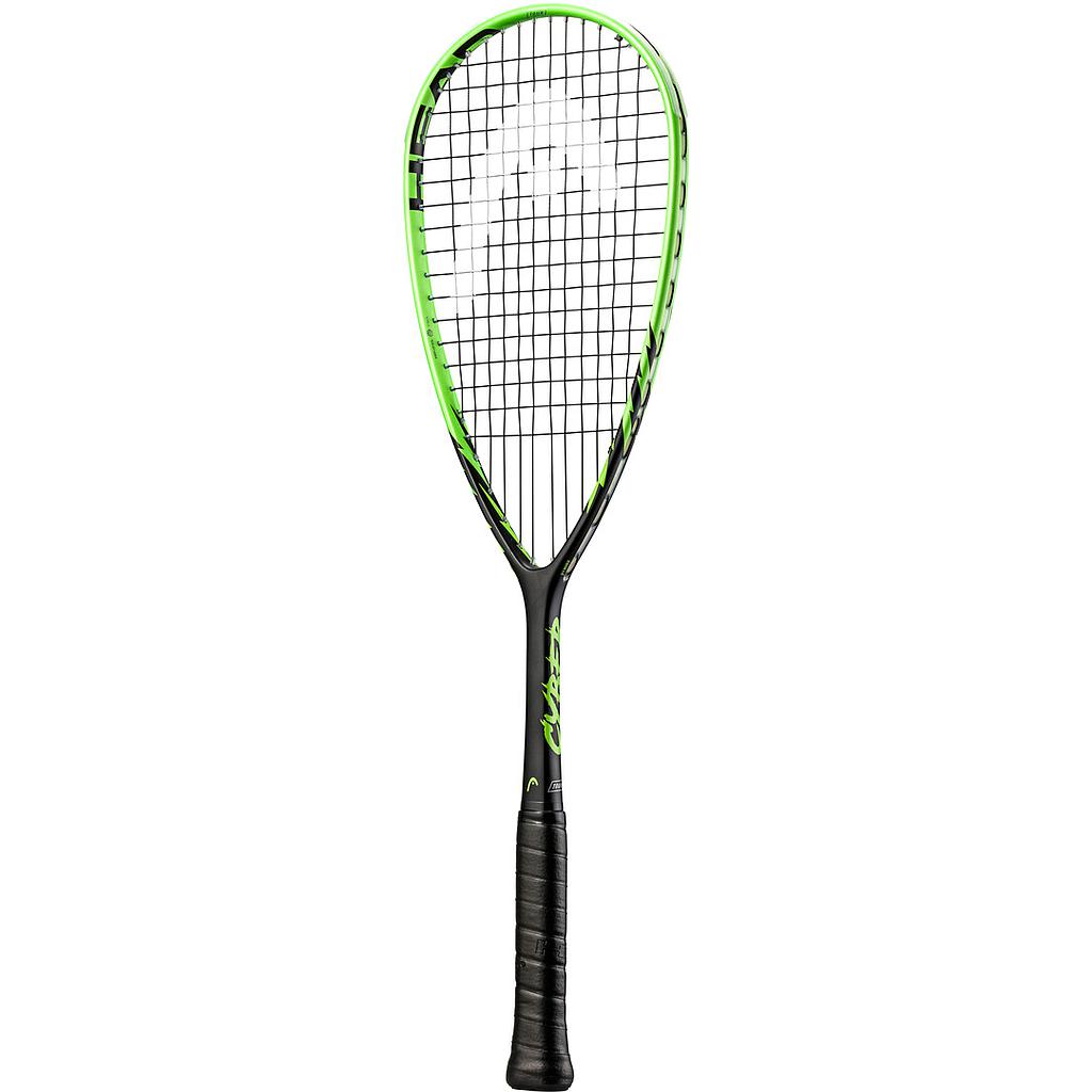 The Head Cyber Tour Squash Racket by Head features a lightweight design, black and green teardrop-shaped head, amplified fibre technology, tightly strung strings, and a black grip handle—shown against a white background.