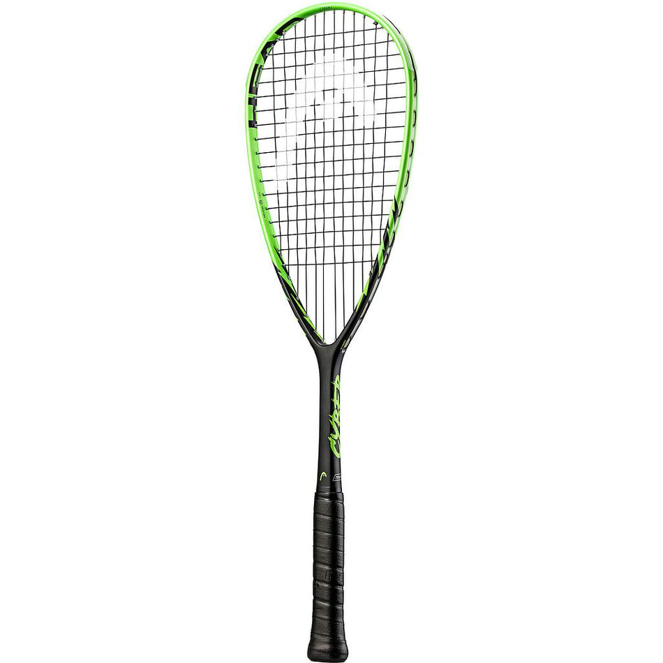 The Head Cyber Tour Squash Racket by Head features a lightweight design, black and green teardrop-shaped head, amplified fibre technology, tightly strung strings, and a black grip handle—shown against a white background.