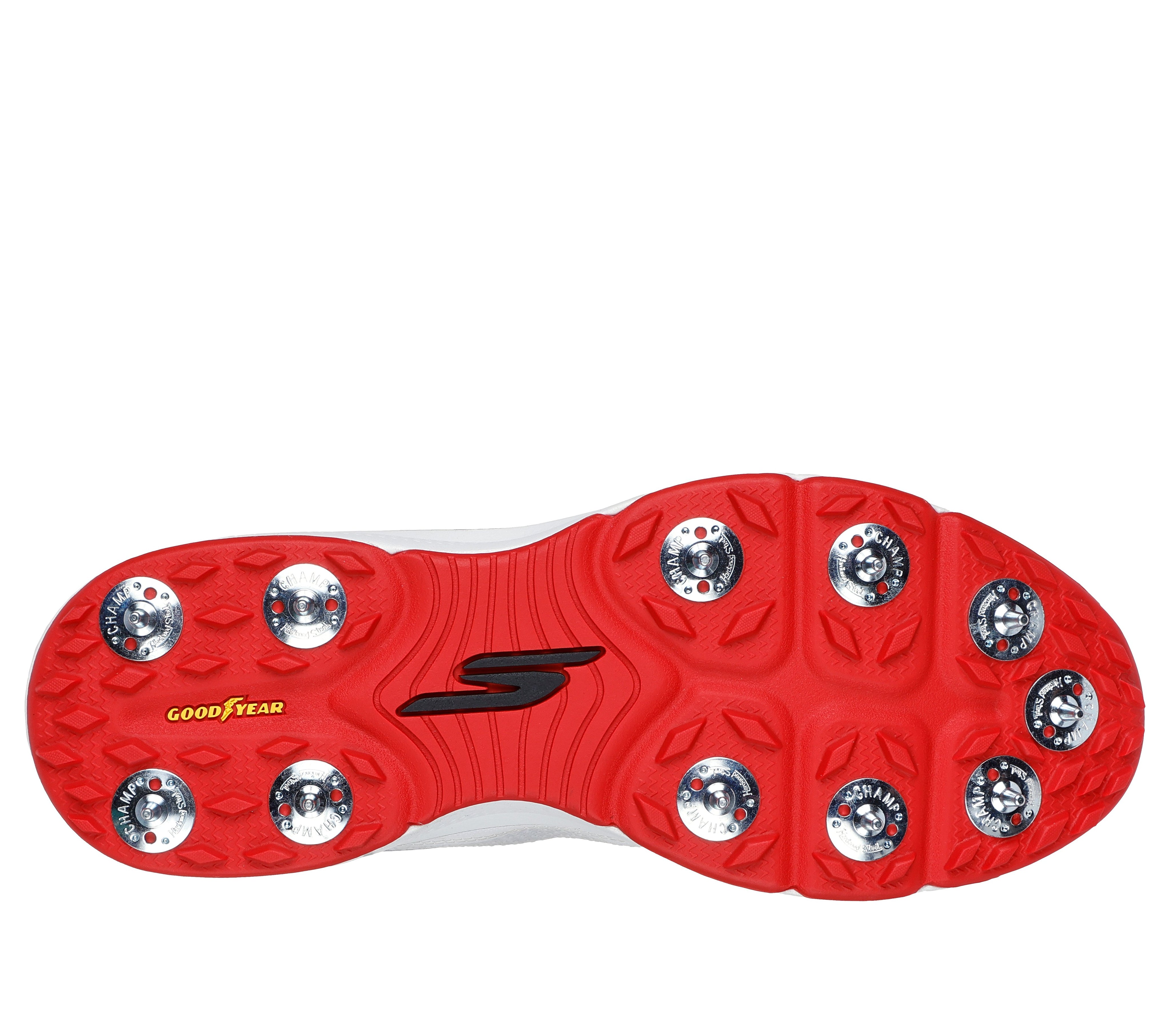 The image displays the red sole of a Skechers Cricket Elite Cricket Shoe with metal cleats, a black Skechers logo in the center, and Goodyear branding on the left side of the sole.