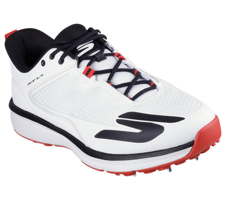 The Skechers Cricket Elite Cricket Shoe by Skechers features a white design with black and red accents, black laces, metal spike sole, and Arch Fit insole—ideal cricket shoes for sports activities.