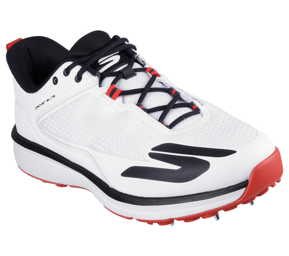 The Skechers Cricket Elite Cricket Shoe by Skechers features a white design with black and red accents, black laces, metal spike sole, and Arch Fit insole—ideal cricket shoes for sports activities.
