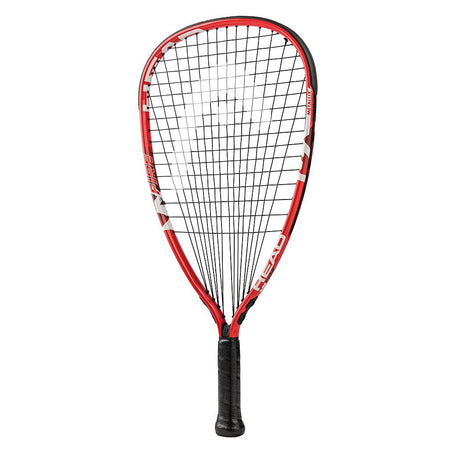 The Head MX Fire Racketball Racket - Grip SC05 by Head features a red and black teardrop-shaped frame with Metallix Technology, a black handle, white stringing, and is shown upright against a white background.
