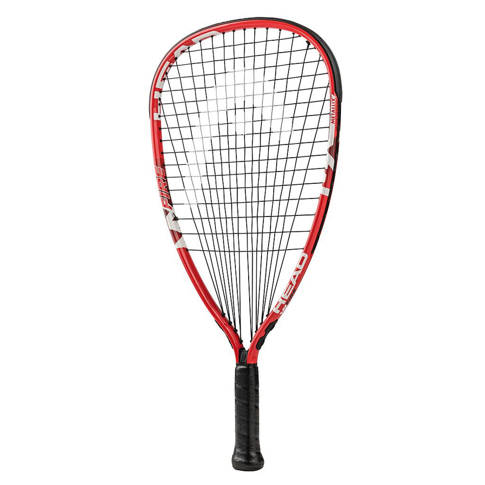 The Head MX Fire Racketball Racket - Grip SC05 by Head features a red and black teardrop-shaped frame with Metallix Technology, a black handle, white stringing, and is shown upright against a white background.