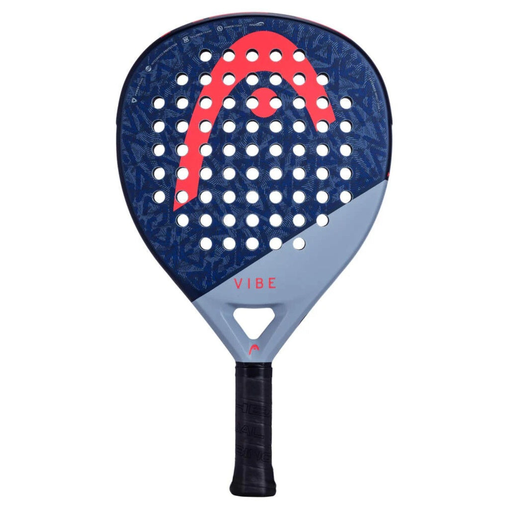 The Head Vibe Padel Racket by Head is a blue and grey oversized teardrop paddle with a hole pattern, a large red logo on the upper half, and "VIBE" printed in red near the handle.