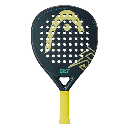 The Head Bolt Padel Racket by Head features a black oversized teardrop design, yellow grip, teal BOLT branding, yellow logo, circular holes, and a durable fiberglass hitting surface.