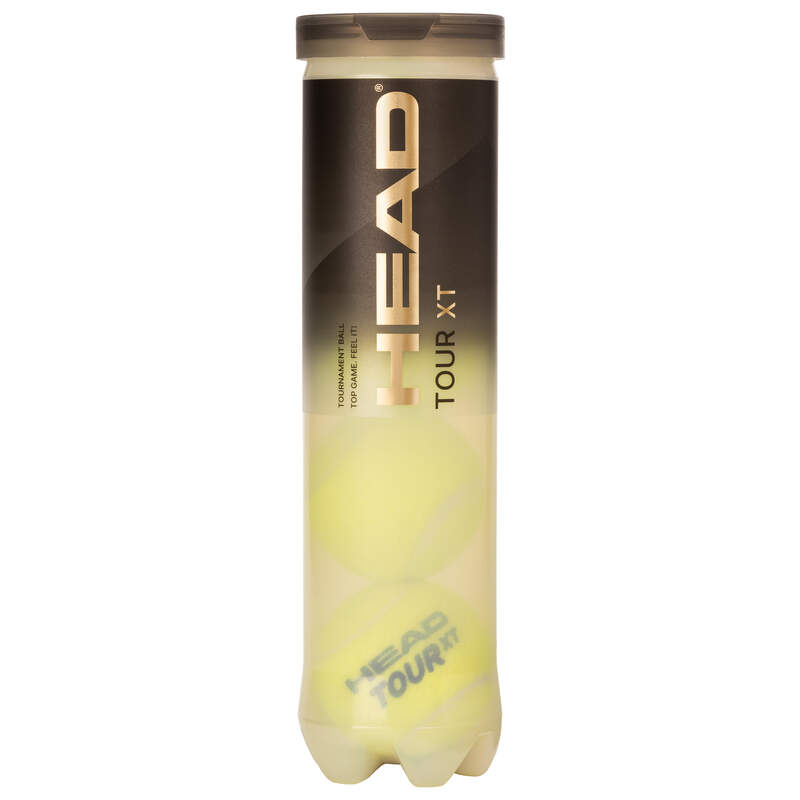A cylindrical tube of Head Tour XT Tennis Balls by Head, with a black and gold label. The semi-transparent container holds three yellow tennis balls designed with Impact (EN)Core technology for premium performance.