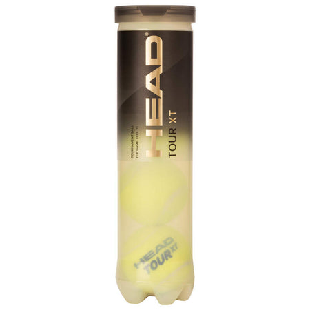 A cylindrical tube of Head Tour XT Tennis Balls by Head, with a black and gold label. The semi-transparent container holds three yellow tennis balls designed with Impact (EN)Core technology for premium performance.
