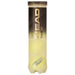 A cylindrical tube of Head Tour XT Tennis Balls by Head, with a black and gold label. The semi-transparent container holds three yellow tennis balls designed with Impact (EN)Core technology for premium performance.