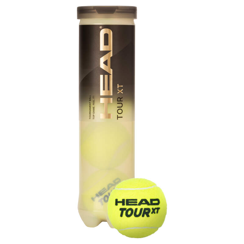 A canister labeled Head Tour XT Tennis Balls by Head holds premium yellow tennis balls, with one ball featuring Impact (EN)Core technology displayed in front of the container.