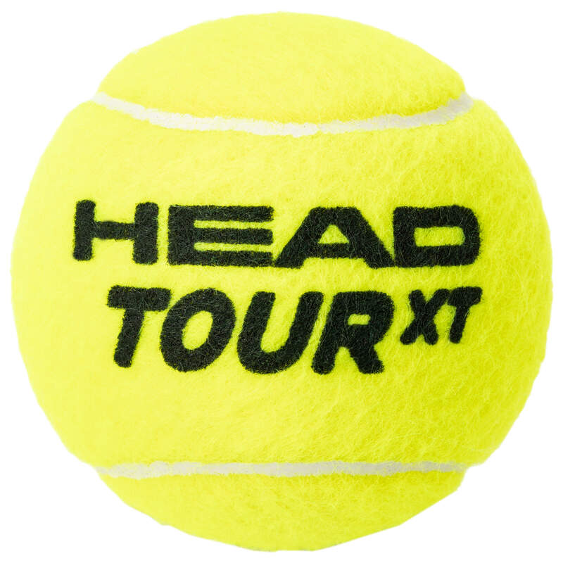 The Head Tour XT Tennis Balls by Head are bright yellow with bold black lettering and two white curved seams, designed as a premium tennis ball featuring advanced Impact (EN)Core technology for superior performance.
