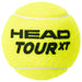 The Head Tour XT Tennis Balls by Head are bright yellow with bold black lettering and two white curved seams, designed as a premium tennis ball featuring advanced Impact (EN)Core technology for superior performance.