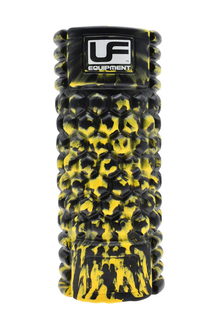 The Urban Fitness Massage Roller 33 x 14cm features a black and yellow textured design with the Urban Fitness logo, ideal for muscle recovery, core stability, and effective physical therapy.