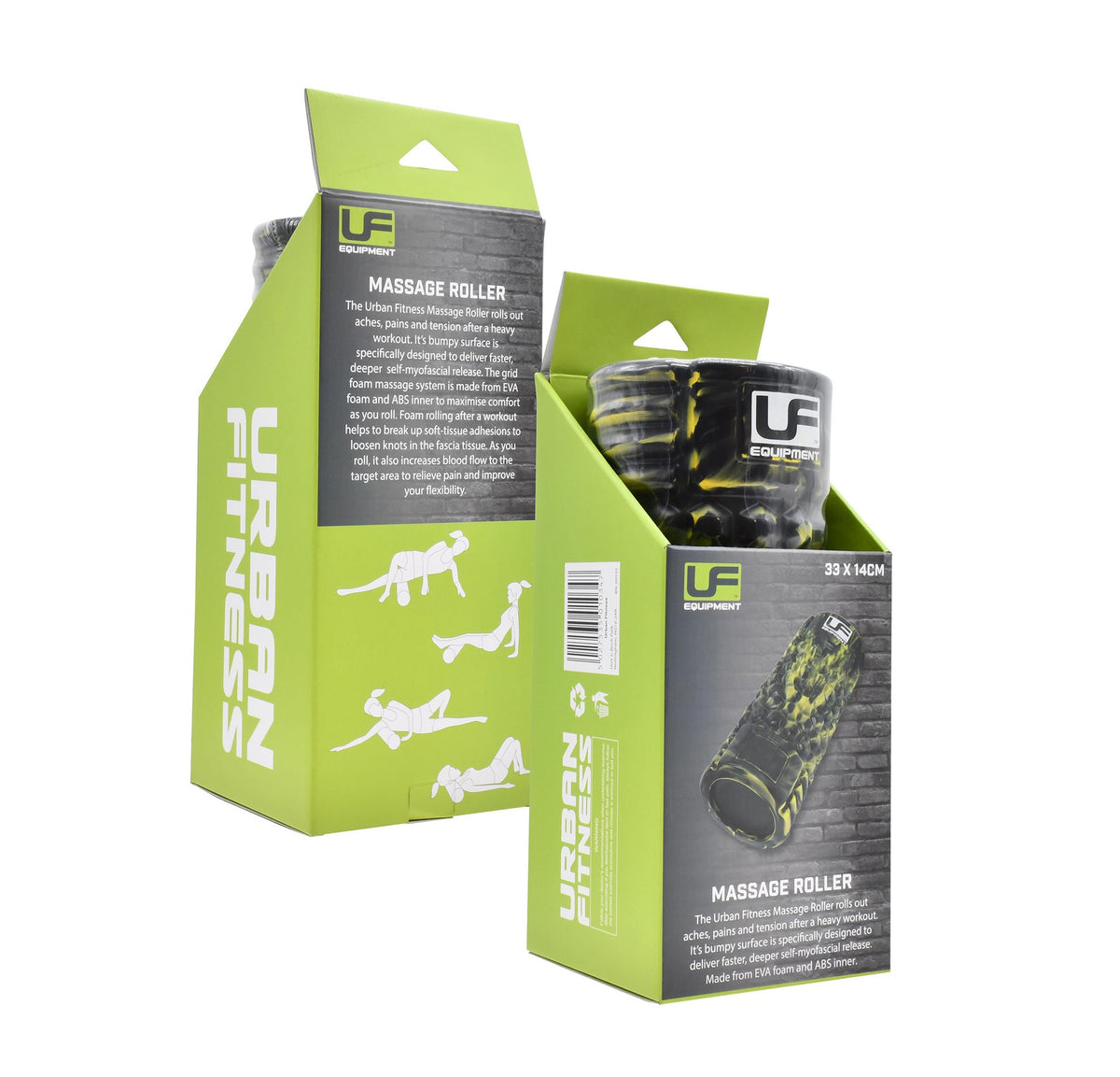 Two green Urban Fitness Massage Roller 33 x 14cm boxes—one features exercise illustrations for core stability, while the other displays a camouflage-patterned roller designed by Urban Fitness for effective muscle recovery.