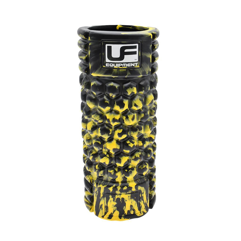 The Urban Fitness Massage Roller 33 x 14cm features a black and yellow textured foam design with the Urban Fitness logo, ideal for muscle recovery, massage, and enhancing core stability.