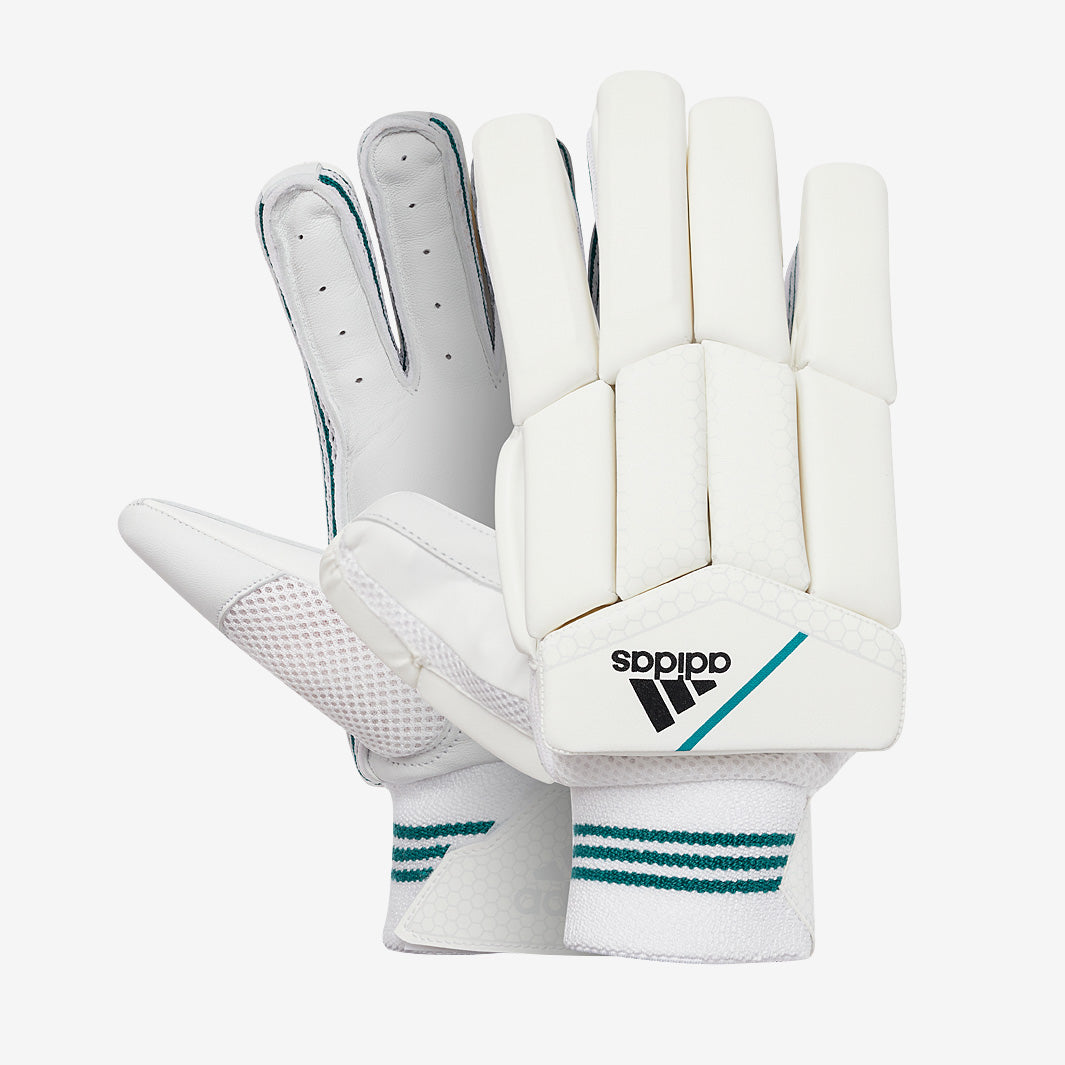 A pair of Adidas XT Teal 2.0 Batting Gloves in white with teal and black accents, these protective Adidas cricket gloves feature padded fingers, mesh detailing, and striped wristbands. One glove is shown palm up and the other palm down.