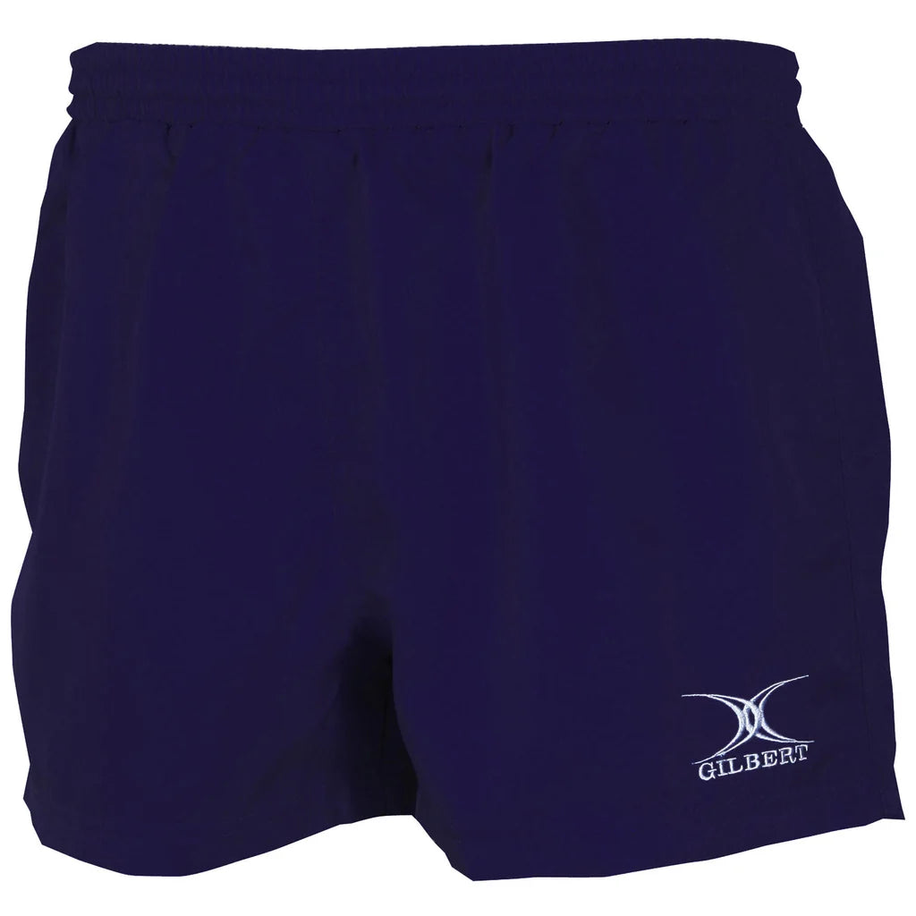 Dark navy Gilbert Saracen V3 Short – Senior athletic rugby shorts featuring an elastic waistband and a white Gilbert logo and emblem on the lower left leg, designed to be lightweight yet durable for comfort during rigorous sports activities.